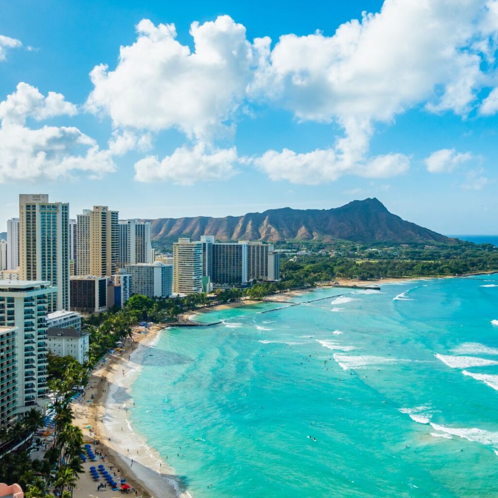 A beautiful view of Waikiki Beach and Diamond Head in the background, this is one of the best things to do in Waikiki.