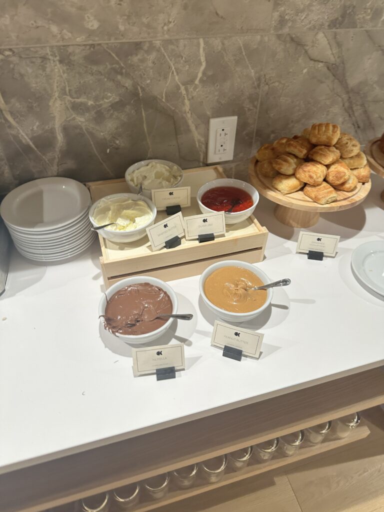 a buffet table with different food items