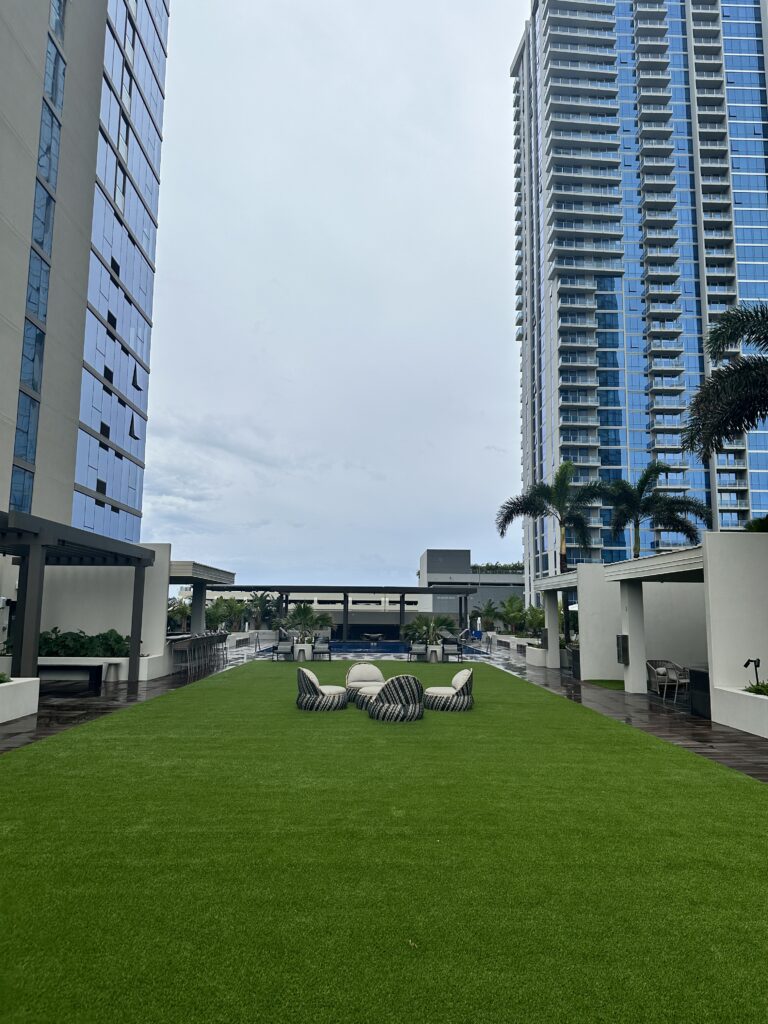 a lawn with chairs and trees in front of a building