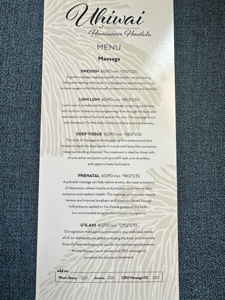 a menu on a blue surface