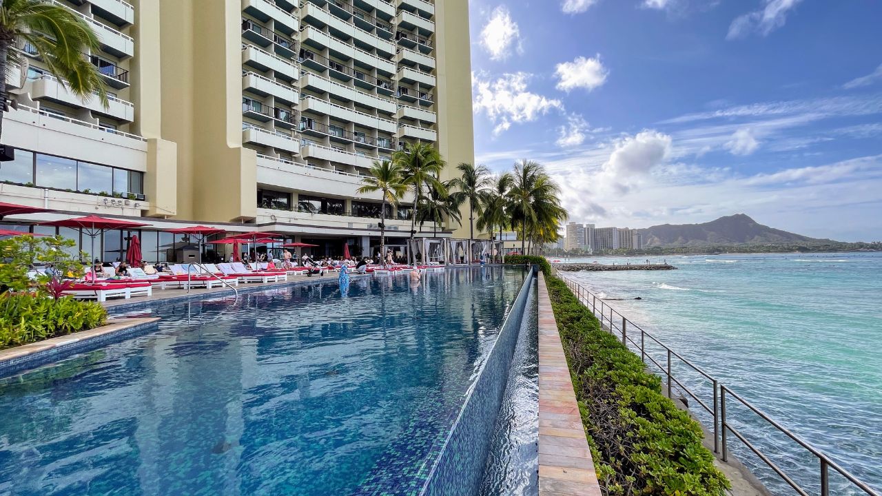 a pool next to a building