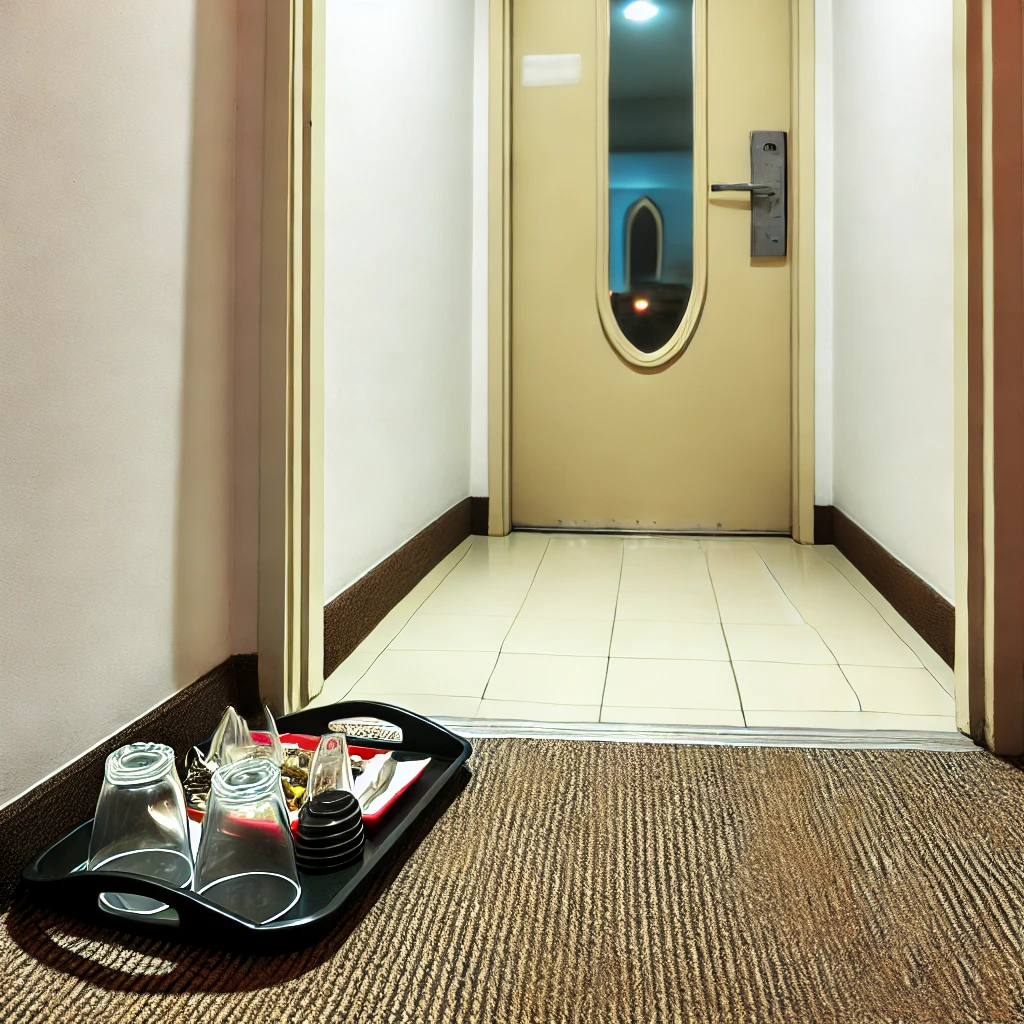 a tray of dishes on a carpeted floor next to a door, something to consider when asking, what to do when your hotel is on strike