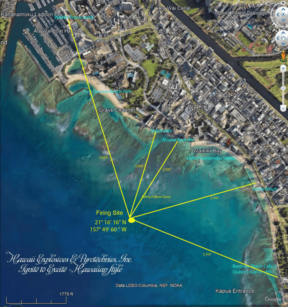 Map of waikiki showing spots to watch new year's eve fireworks in waikiki