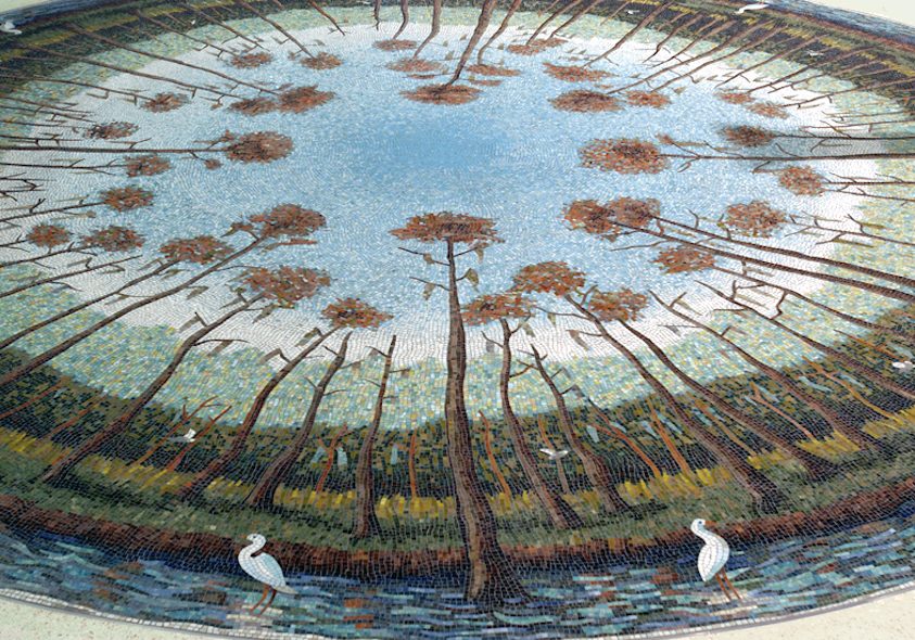 a mosaic of trees and birds