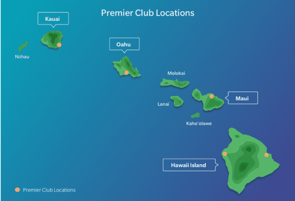 a map of islands with name tags of all the hawaiian airlines lounges