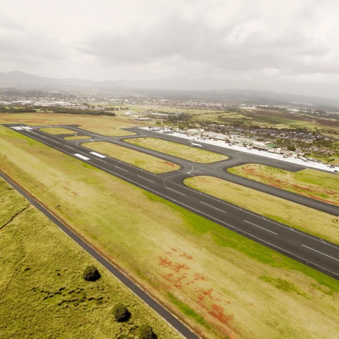 an aerial view of a runway