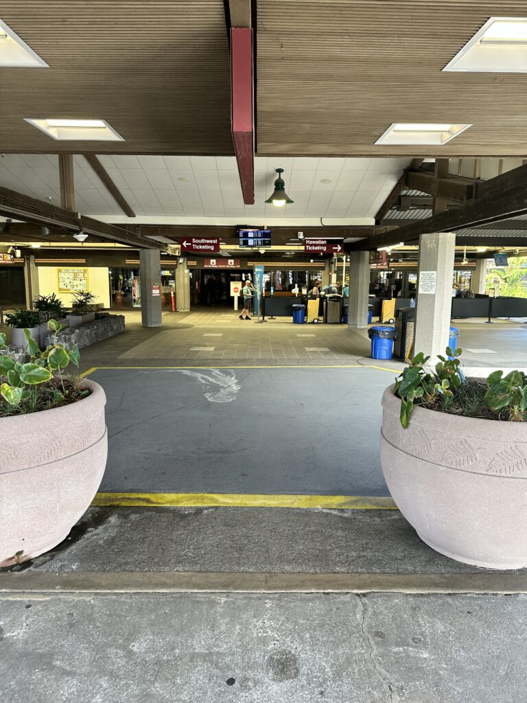 two large planters in a parking lot