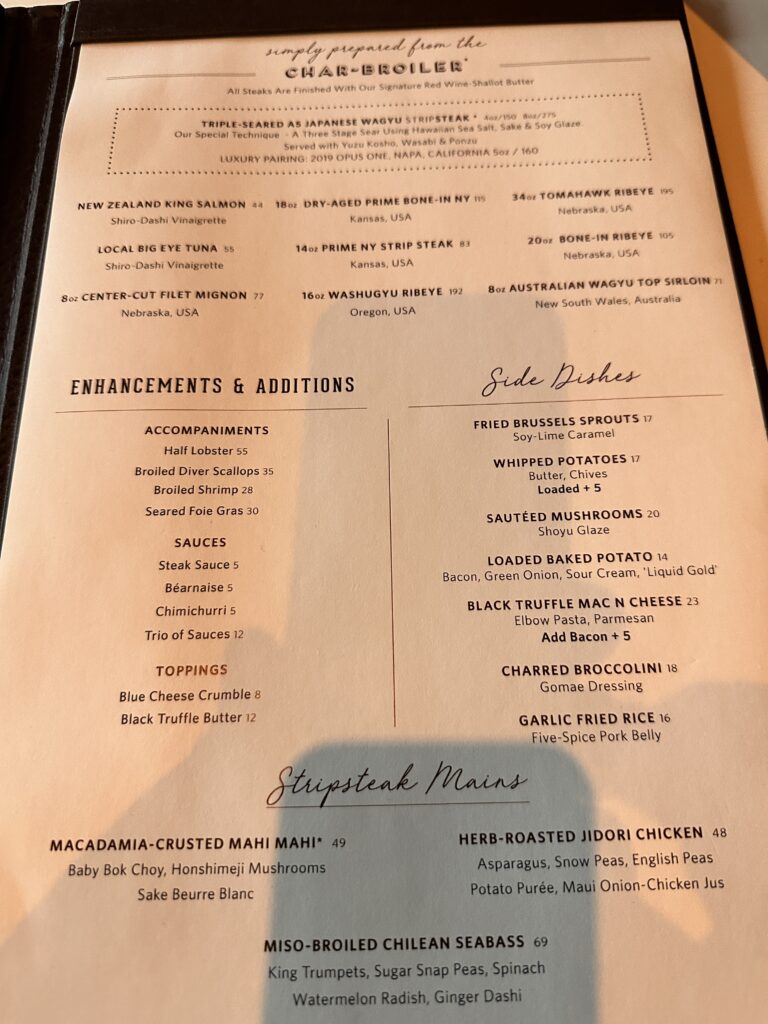 a menu with black text