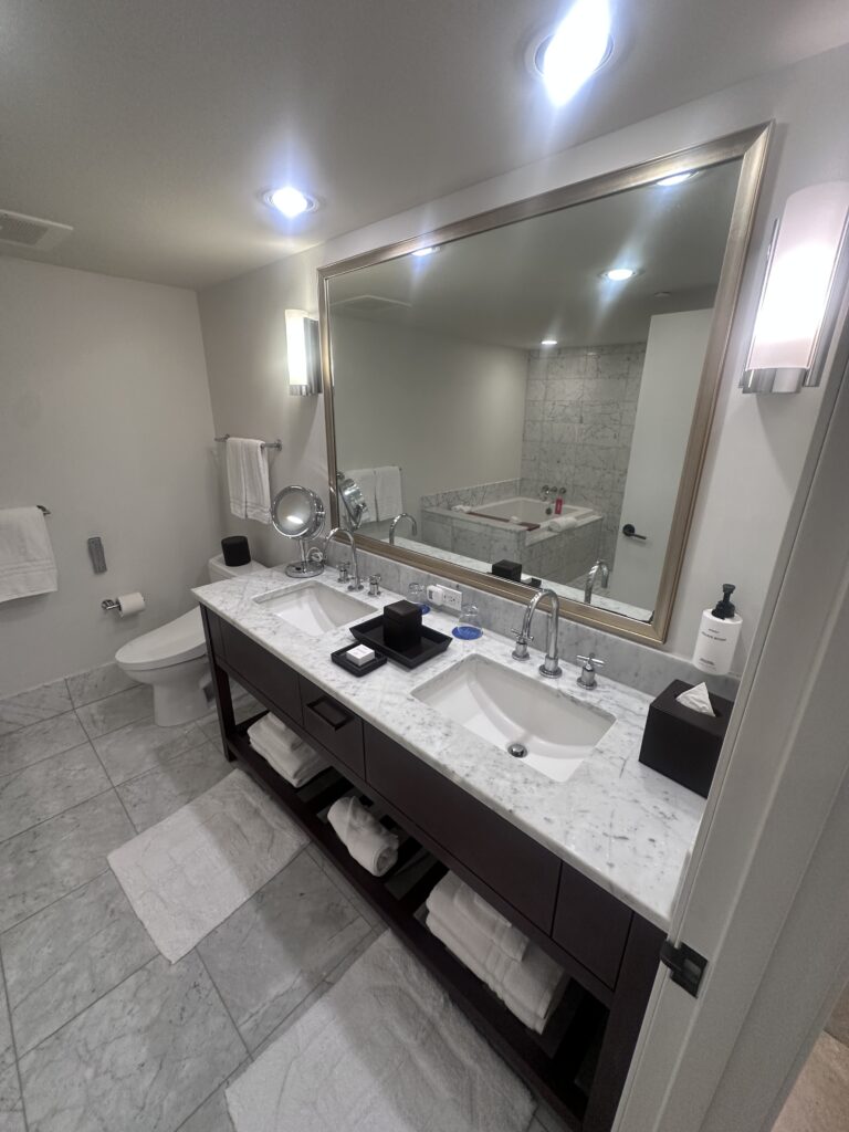 a bathroom with a large mirror