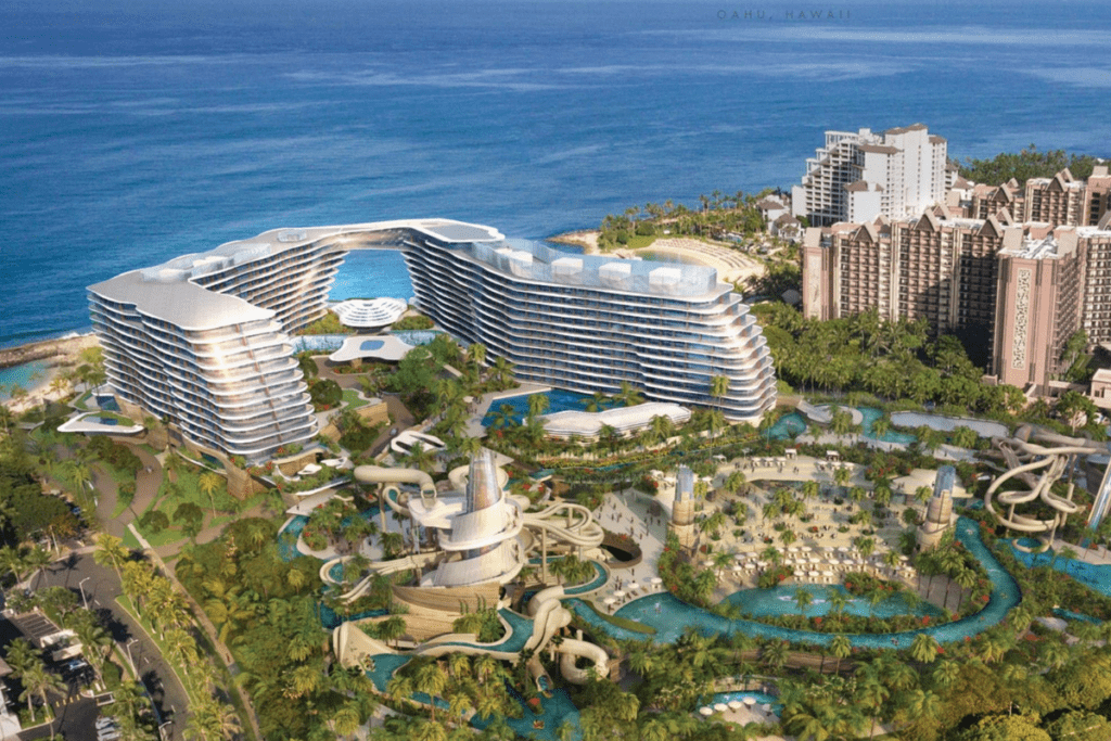 a water park with a water slide and buildings