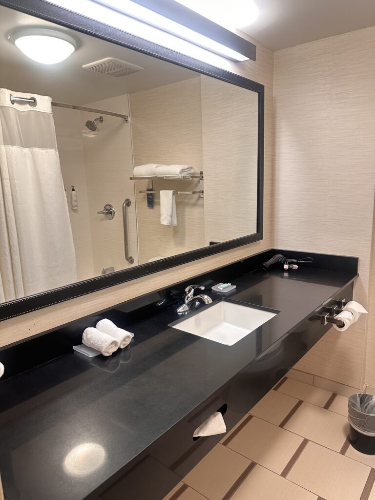 a bathroom with a large mirror