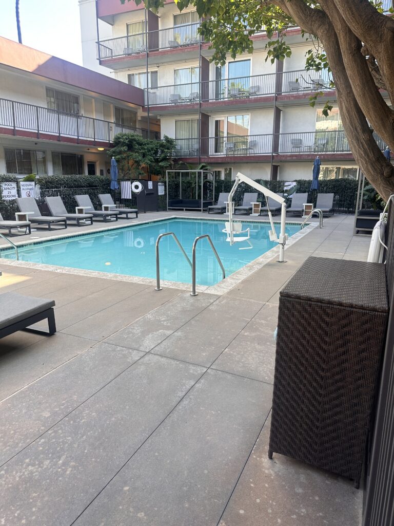 a pool with chairs and a tree in the background