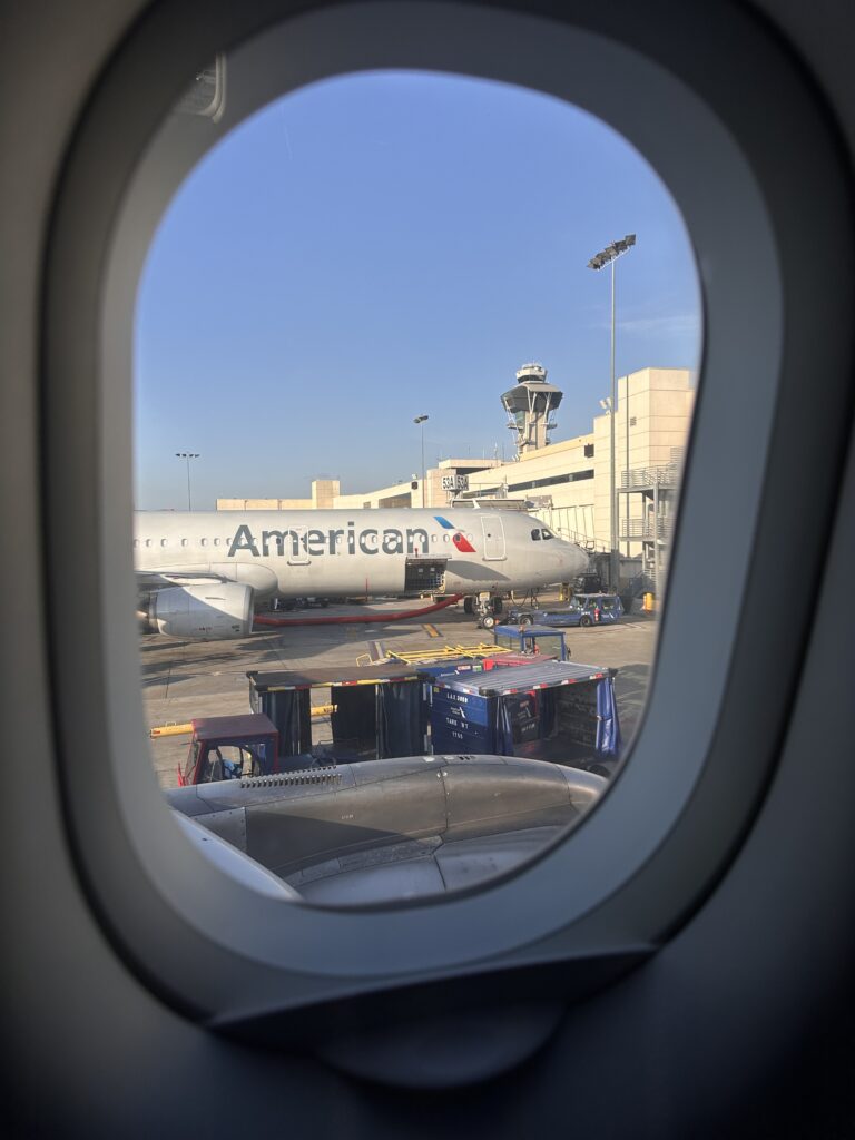 a plane outside a window